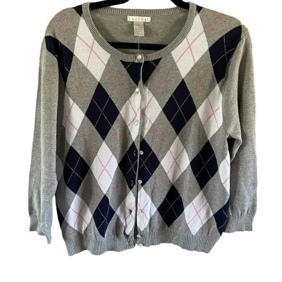 TWEEDS 100% cotton argyle preppy Cardigan sweater XL NWOT - Picture 1 of 9